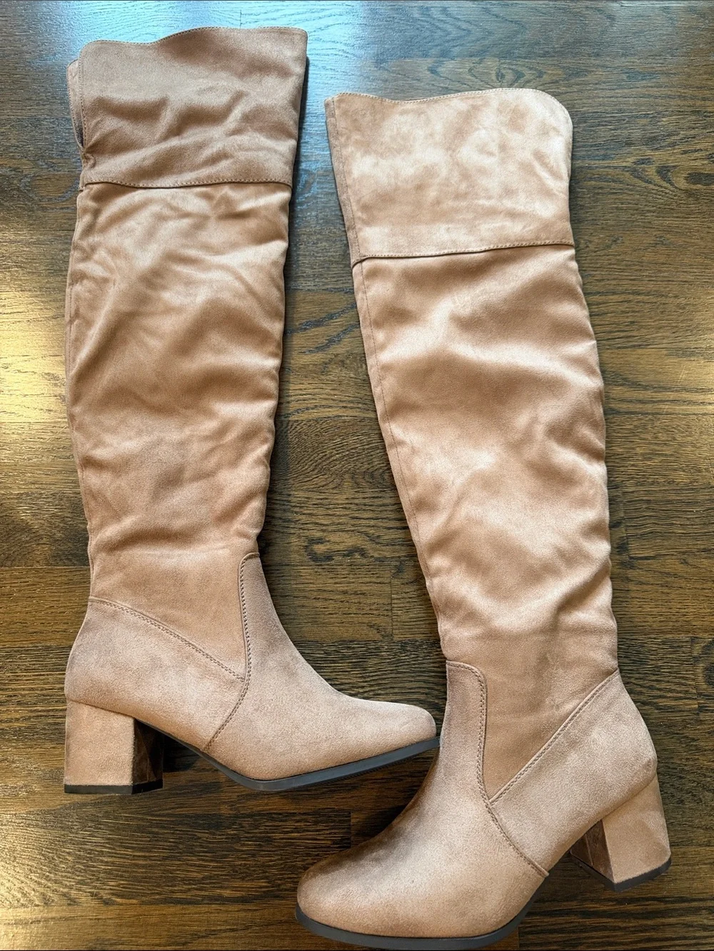 Over-the-Knee Block Heel Boots in Light Brown